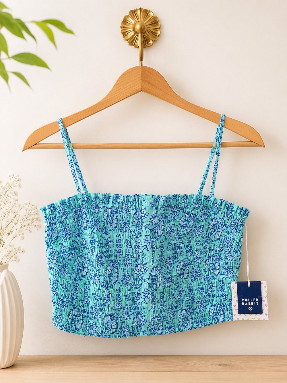 Roller Rabbit Aqua Blue Floral Smocked Crop Cami - Picture 1 of 3